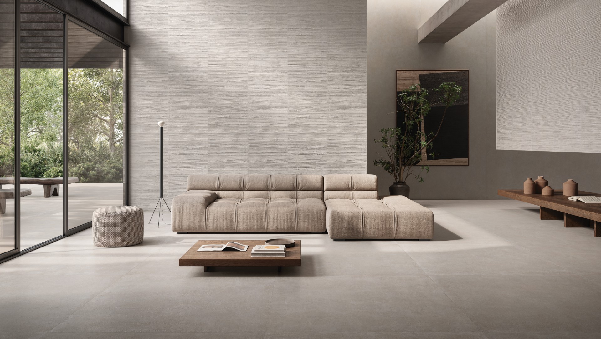 Woonkamer met grote betonlook tegels